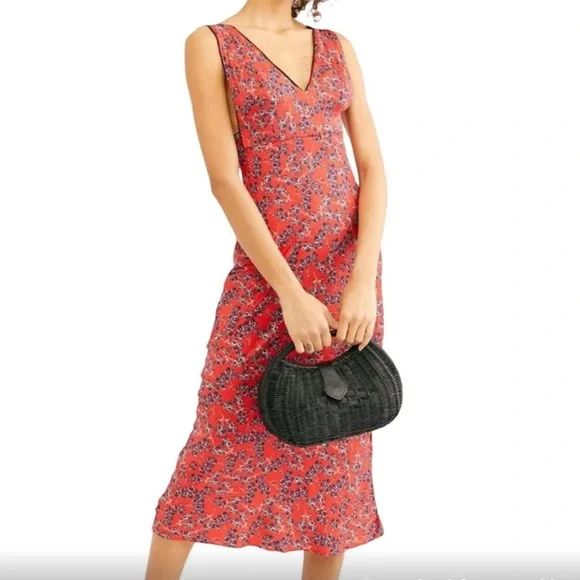 Free People | Dresses | Free People Oh La La Bias Midi Dress In Dark Red  Floral | Poshmark